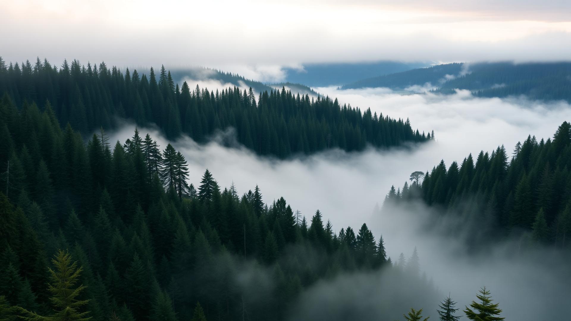 Valle boscoso cubierto de niebla al amanecer con una cabaña boutique